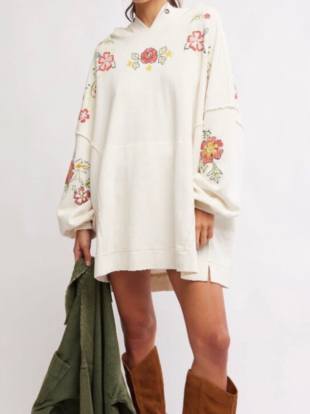 We The Free Ivory Floral Hoodie Sweatshirt with Pink and Yellow Embroidery